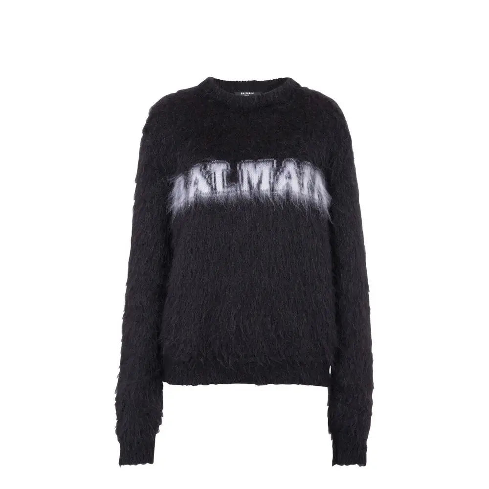 Balmain sort mohair sweatshirt med fuzzy strik og hvidt logo