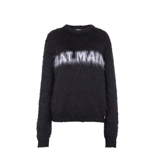 Balmain sort mohair sweatshirt med fuzzy strik og hvidt logo