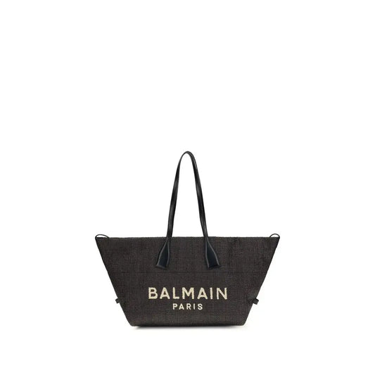 Balmain black raffia shoulder bag med vævet tekstur og sorte læderhåndtag