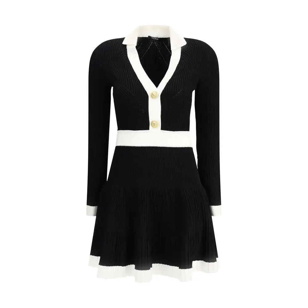 Balmain knit short dress i sort hvid ribbet strik med krave og guldknapper
