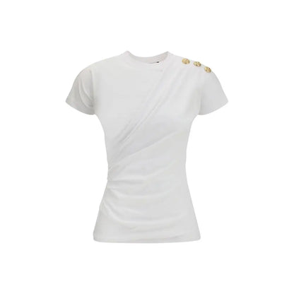 Balmain hvid bomuld T-shirt med guldknapper på skulderen, 100% originale brands