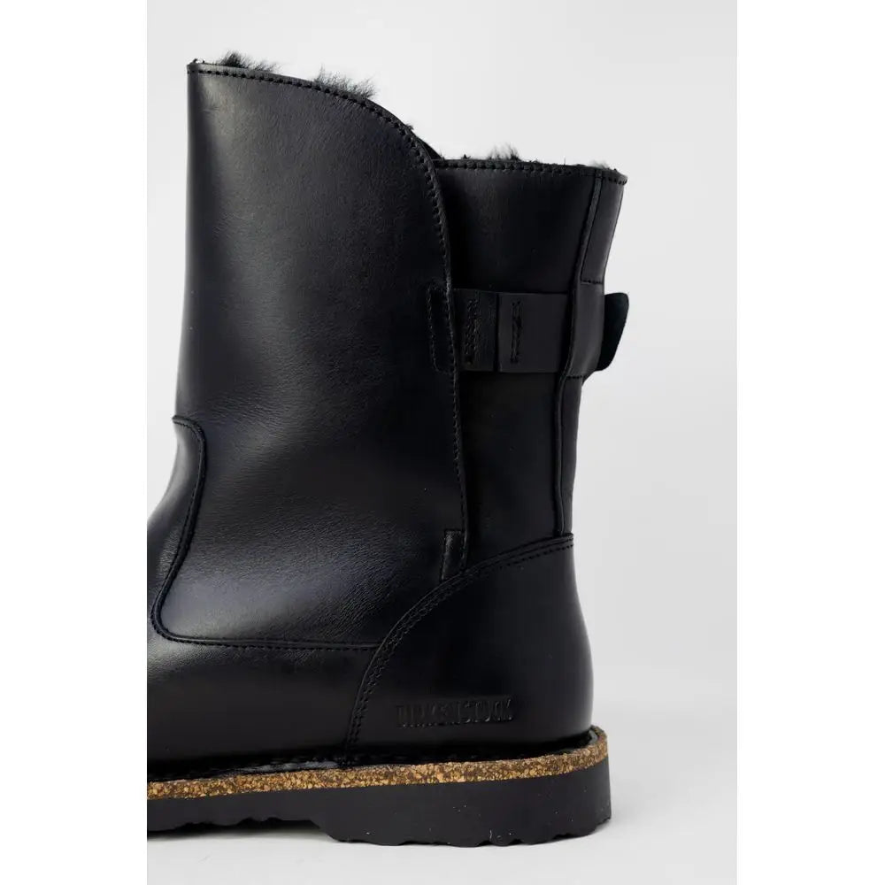 Birkenstock black leather ankle boots med shearling for og korksål