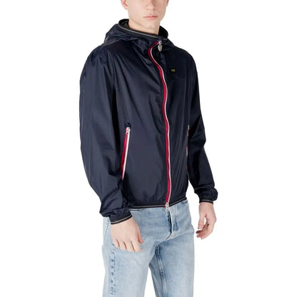Blauer blue polyamide jacket in navy med hætte, rød lynlås og sort kant