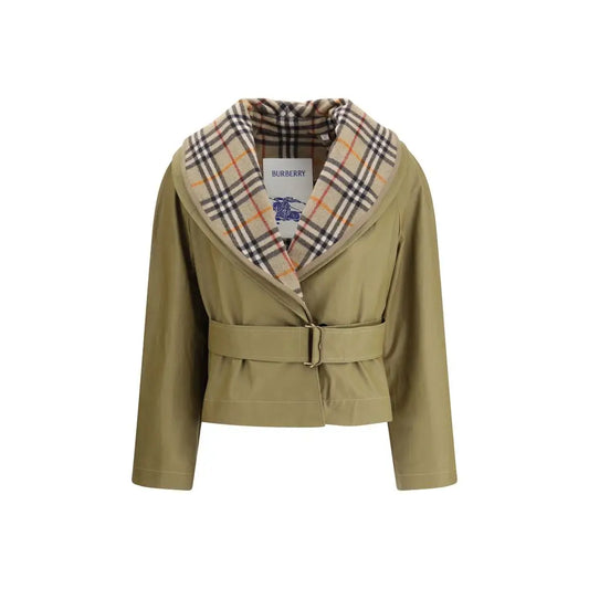 Burberry beige bomuld trench coat i olivengrøn med beige, sort og orange ternet krave og bælte