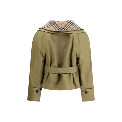 Burberry beige cotton trench coat in olive green with check hood and belt
