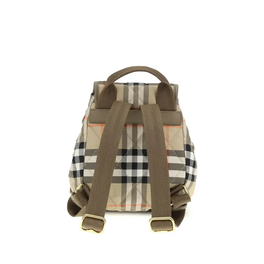 Burberry beige polyamide backpack med sort-hvid ternmønster, olivengrønne remme og guld hardware