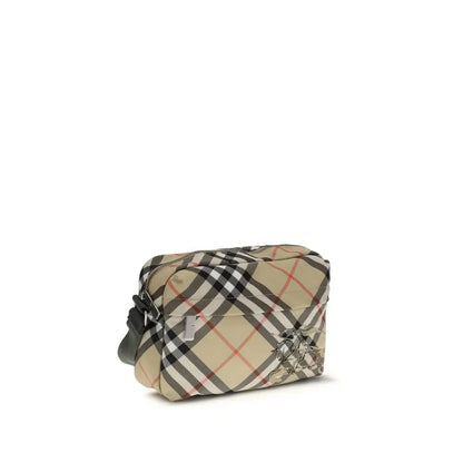 Burberry skulder taske i beige farve med sort, rød ternet canvas og hestemblem