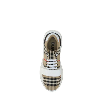 Burberry beige rubber athletic sneakers med sort ternmønster og hvid gummisål