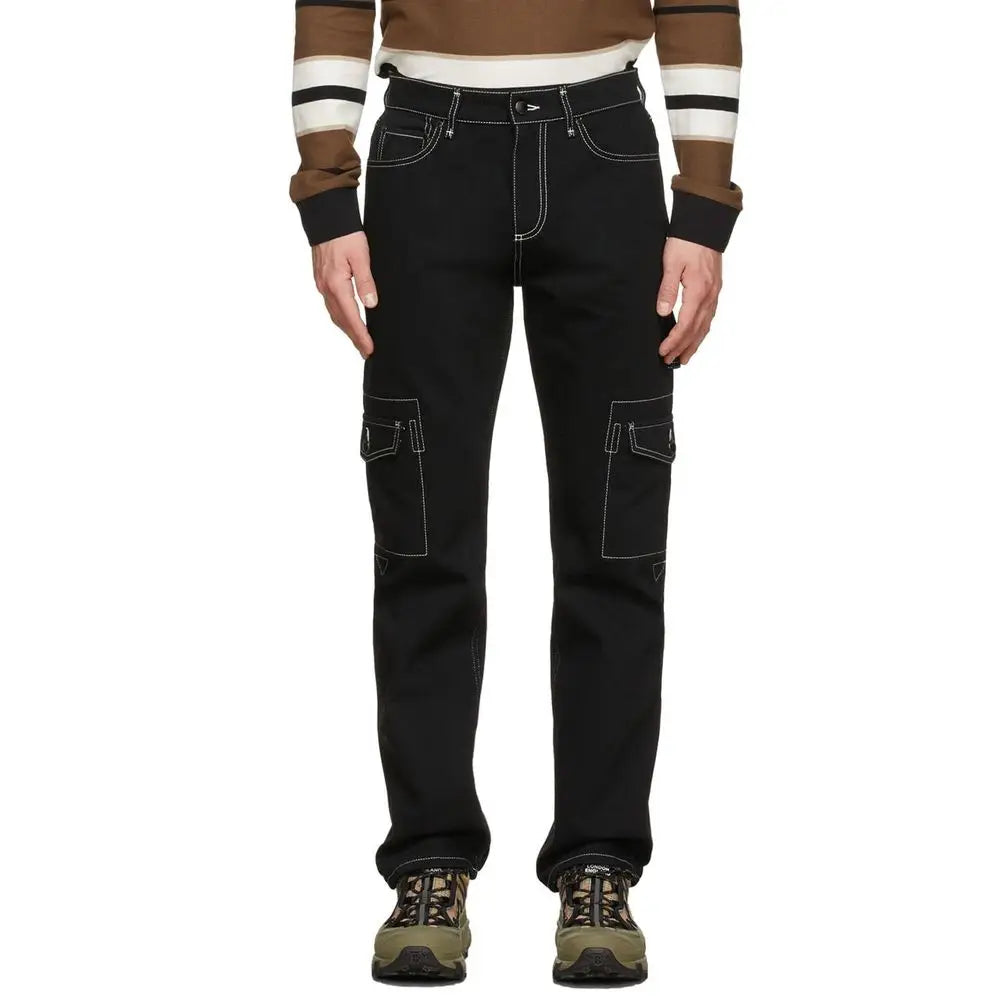 Burberry black cotton cargo pants with white stitching and side pockets