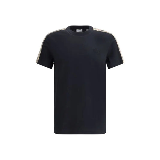 Burberry black cotton t-shirt med beige og sorte stribemønstre på ærmerne