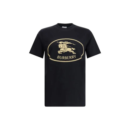 Burberry black cotton t-shirt med guldbroderet hest og rytter i oval rebkant