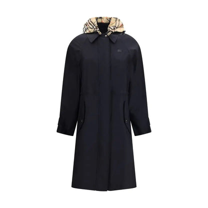 Burberrys sorte polyamidfrakke med beige-brun ternet hættefor