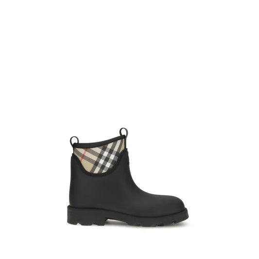 Burberry black rubber ankle boots with checkered collar pattern