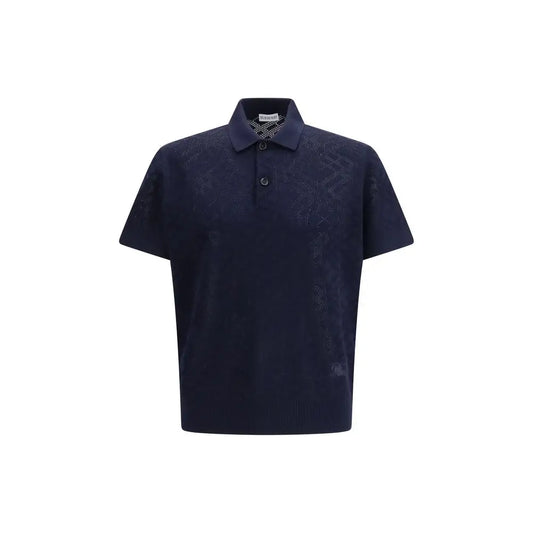 Burberry blue wool polo shirt i mørke marineblå med tekstur og sorte knapper