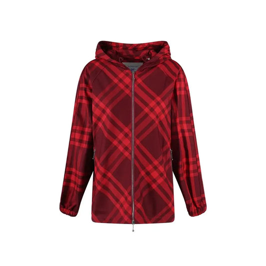 Burberry multicolor polyamide shell jacket i rød og maroon rutemønster med hætte og lynlås