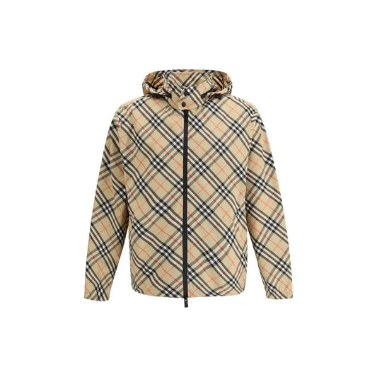 Burberry multicolor plaid jakke i beige, sort og rød med hætte