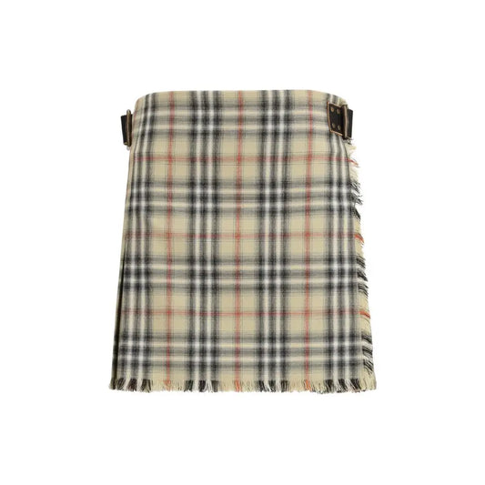 Burberry multicolor wool mini skirt in beige, black, red plaid med frynset kant og læder spænder