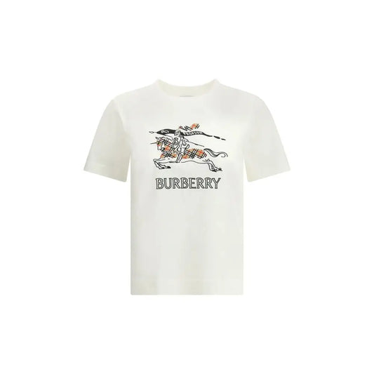 Burberry hvid bomuldst-shirt med hest-motiv og orange plaid, outlet mærkevarer