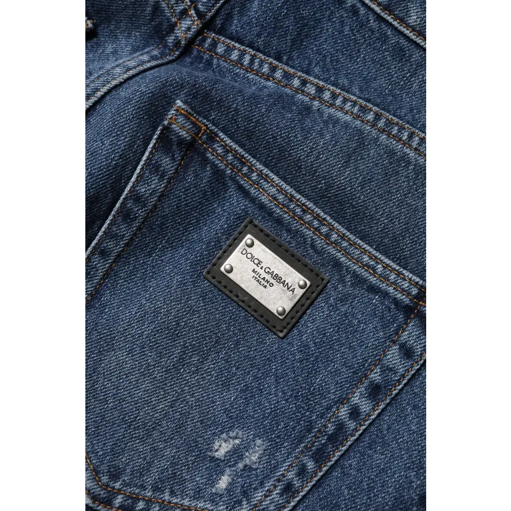 Dolce & Gabbana blue cotton wide leg jeans med læderplette og logo