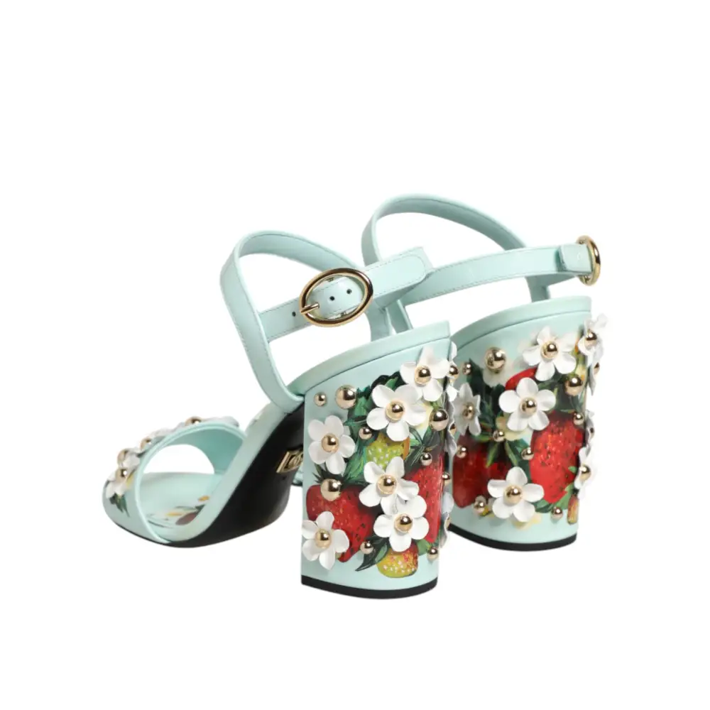 Dolce & Gabbana mint green floral studs heels med broderede jordbær