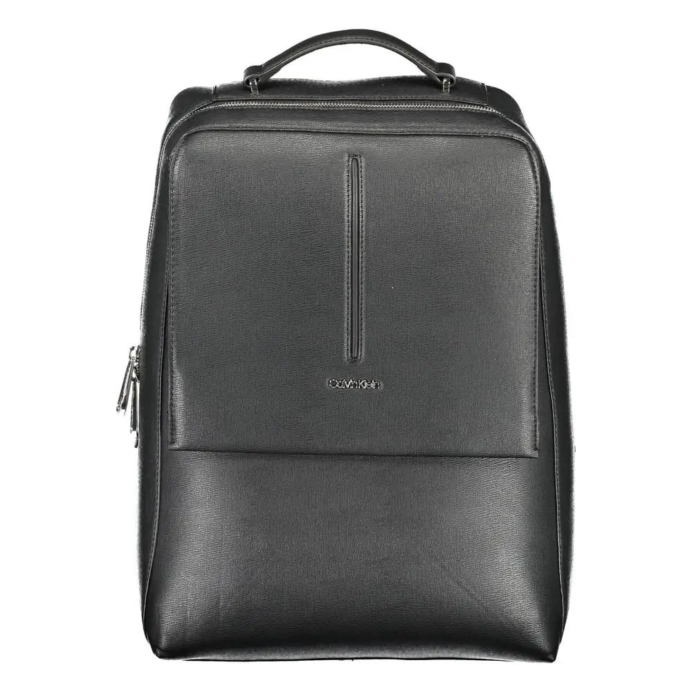 Calvin Klein black polyester backpack with textured leather top handle and front zipper pocket