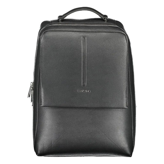 Calvin Klein black polyester backpack with textured leather top handle and front zipper pocket