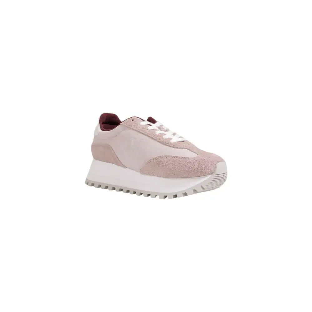 Calvin Klein pink suede sneakers with white laces and chunky sole