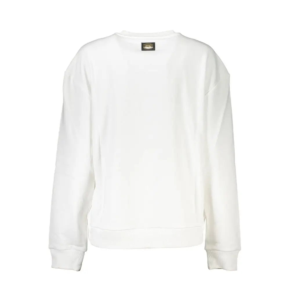 Cavalli Class Bianco cotton women sweatshirt, white crewneck with ribbed cuffs