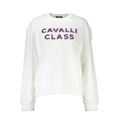Cavalli class bianco cotton women sweatshirt with purple pink logo