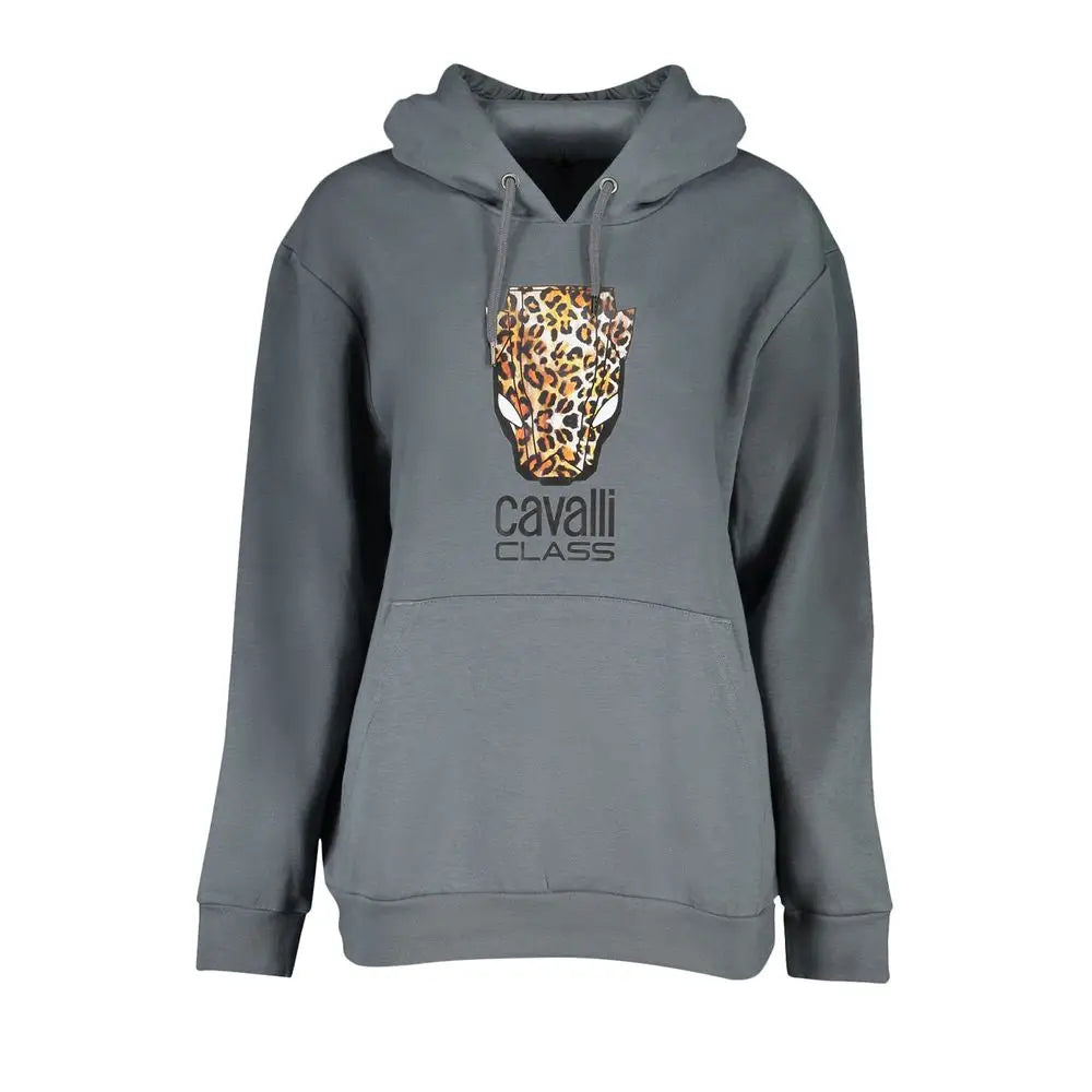 Cavalli Class grå bomulds sweater med leopardprint og logo