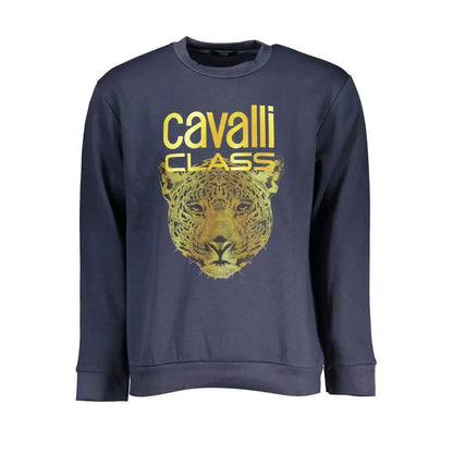 Cavalli Class elegant blå fleece sweatshirt med guld leopard