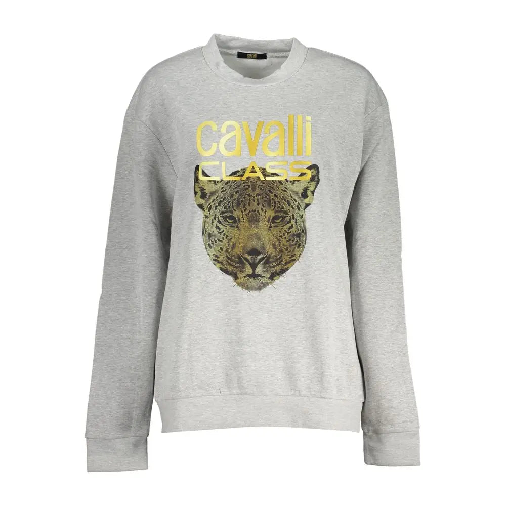 Cavalli class grigio polyester sweatshirt med leopard hoved grafik