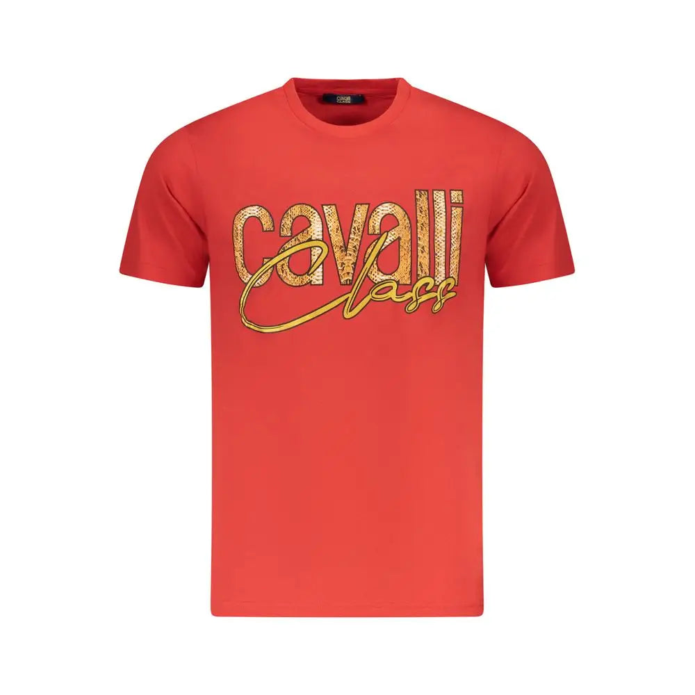 Rød Cavalli Class bomuldst-shirt med guldsequin-logo fra outlet mærkevarer