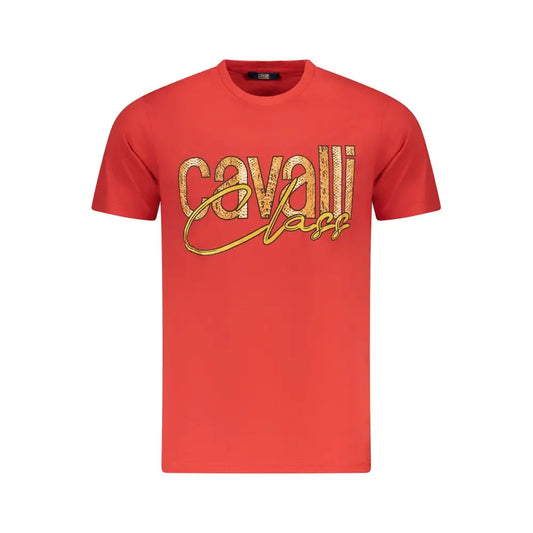 Rød Cavalli Class bomuldst-shirt med guldsequin-logo fra outlet mærkevarer
