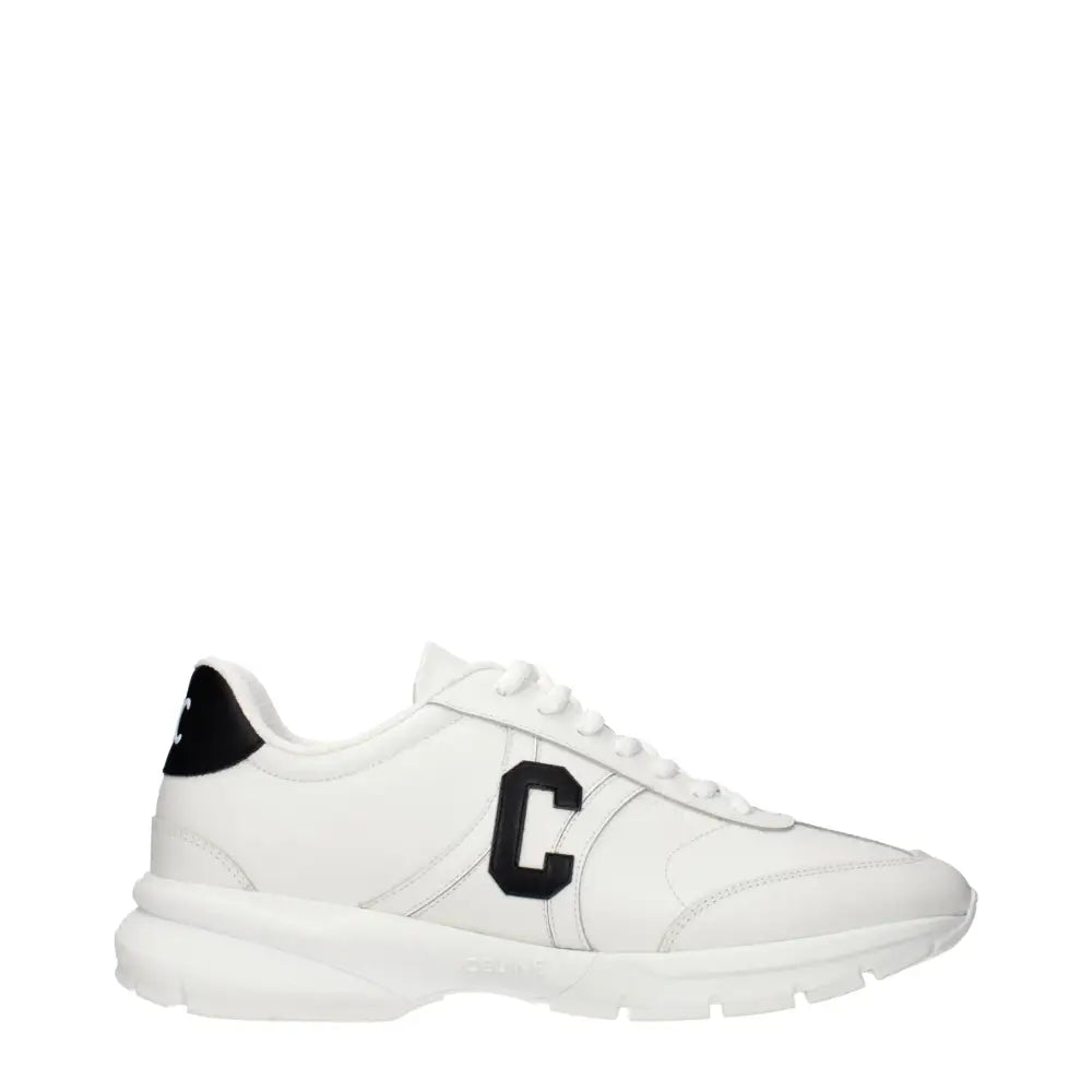 Celine white leather athletic sneakers with black C logo and heel tab