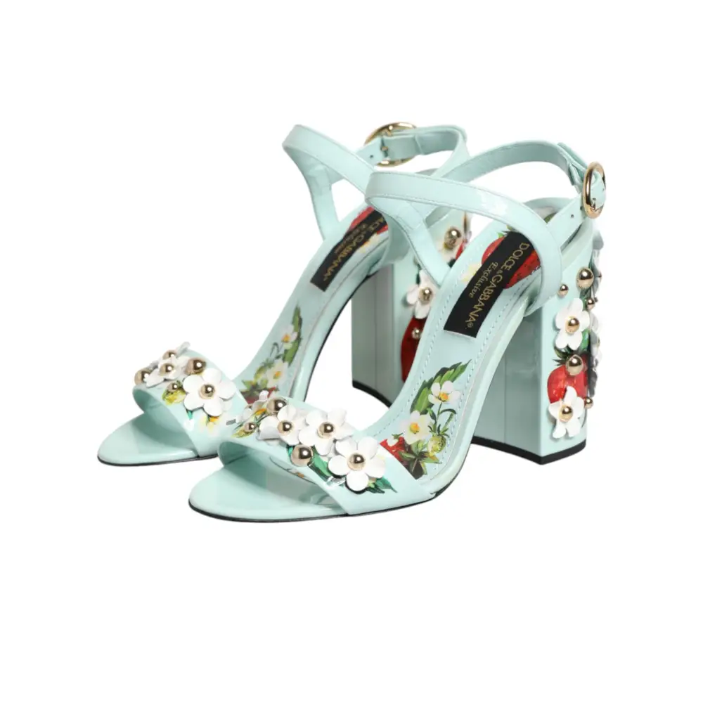 Dolce & Gabbana mint green floral studs heels sandals med hvide blomster og guldperler
