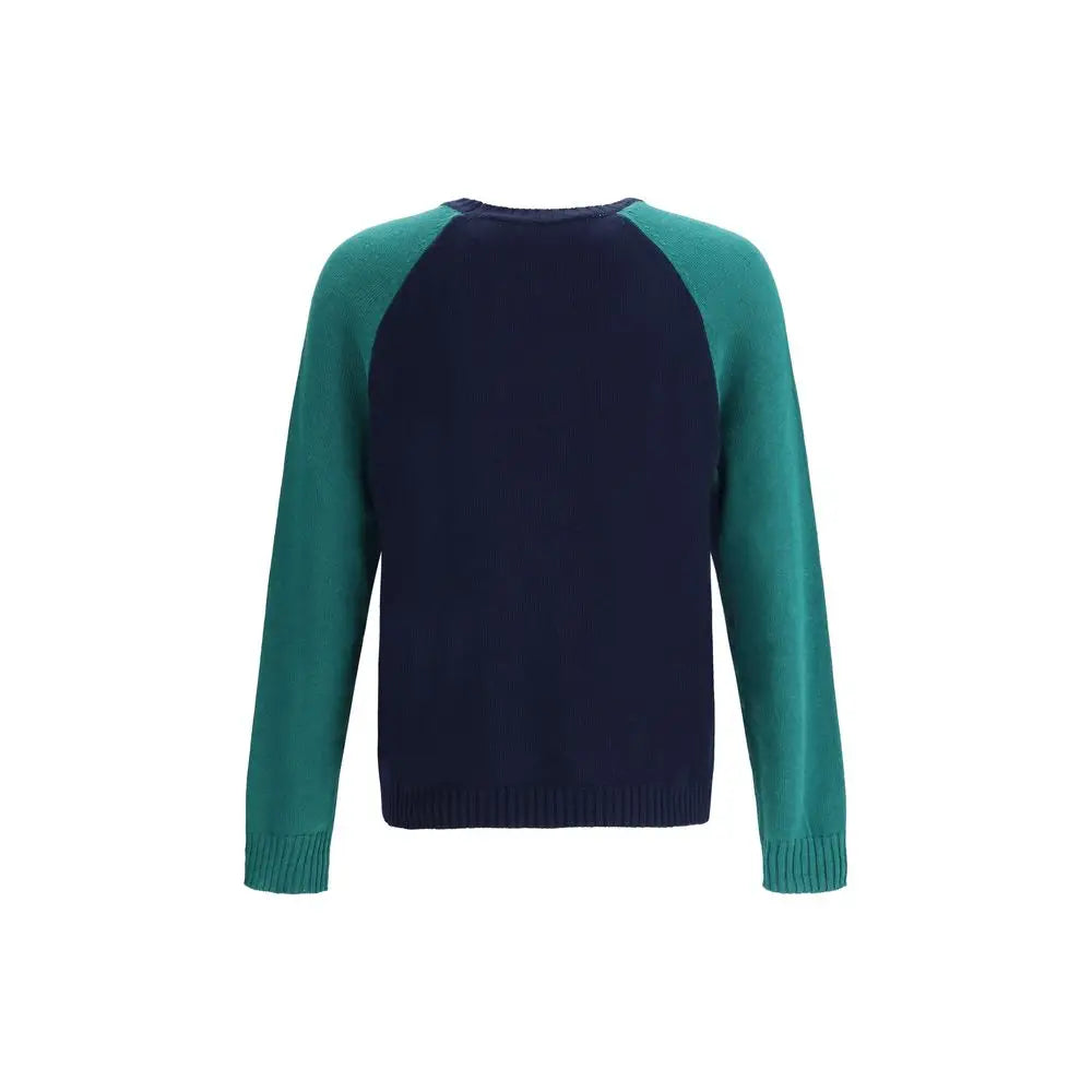 Chez Valentino marineblå og teal raglan-strikket trøje med ribkantmanchetter