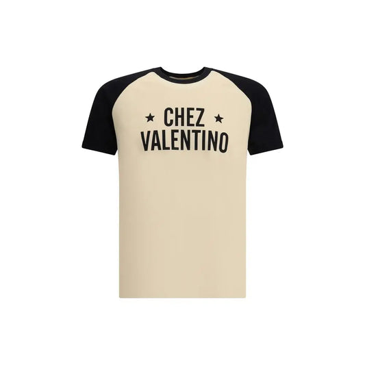 Cream-colored Chez Valentino T-shirt med sort raglanærmer og logo mellem stjerner