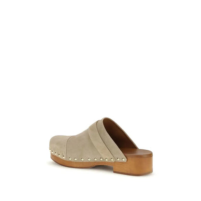 Chloé beige suede mule clog med guldstuds og træhæl – spar 30-70% på 100% originale brands