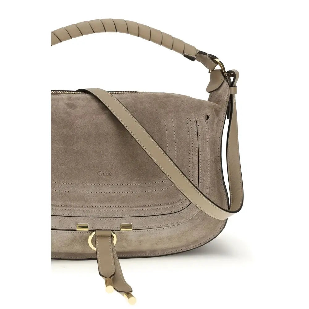 Chloé beige calf leather Bos Taurus skuldertaske i taupe mocka med fletning og guld hardware