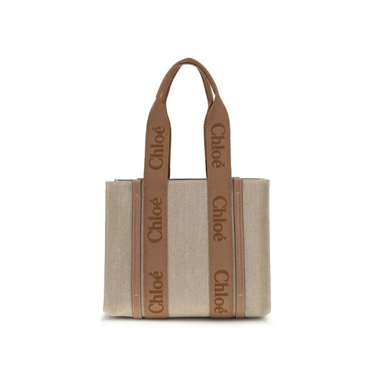 Beige linen shoulder taske fra Chloé med læderhåndtag og logo