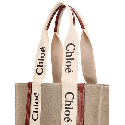 Chloé beige linen tote bag med cremede håndtagre og læderdetaljer