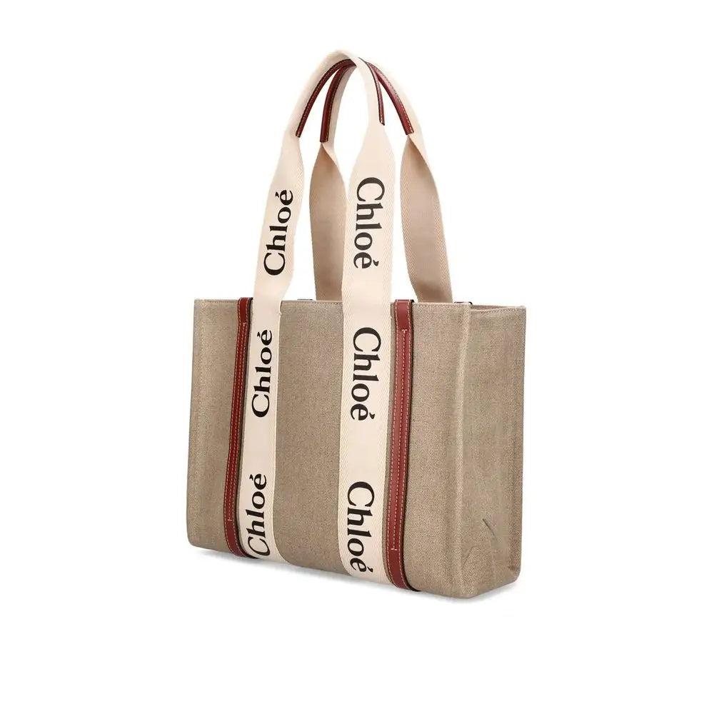 Beige linen tote fra Chloé med cremede stropper og rød læderkant