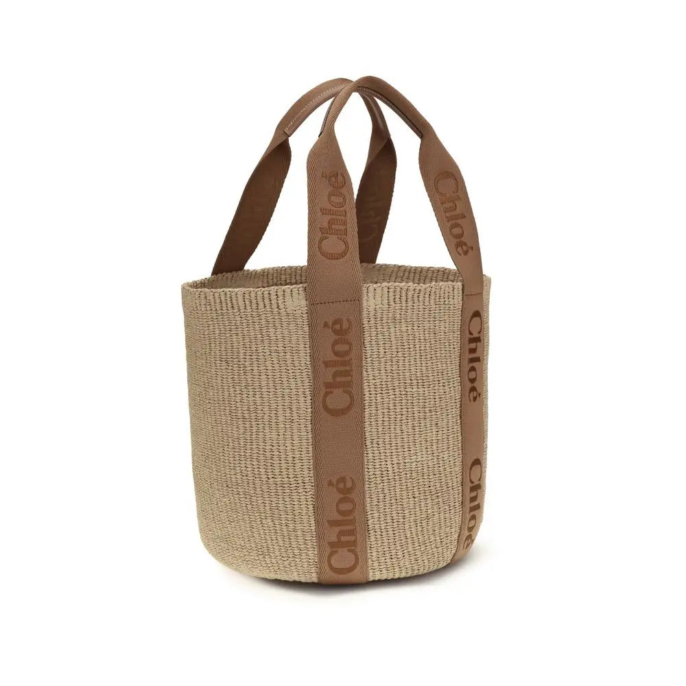 Chloé beige raffia handbag med brune læderhåndtag