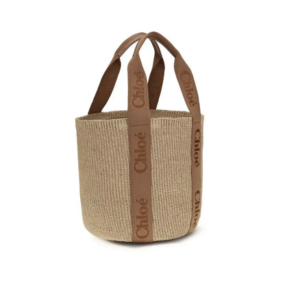 Chloé beige raffia handbag med brune læderhåndtag