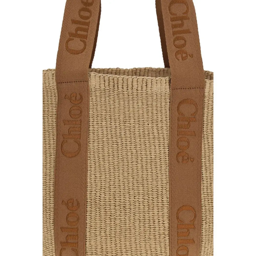 Chloé beige raffia håndtaske med brunt logo på stropper