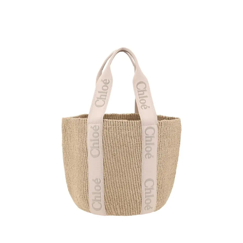 Beige raffia Chloé håndtaske med cremede håndtagre og logo-mønster