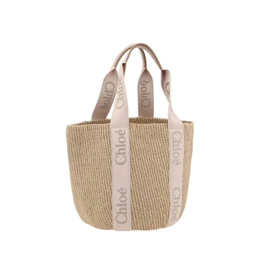 Chloé beige raffia håndtaske med flittigt strå og logo