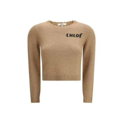 Beige Chloé brown wool sweatshirt med scalloped hals og logo
