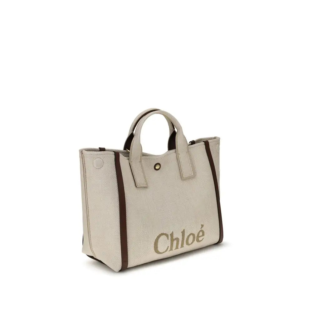 Chloé Carry medium tote bag i beige canvas med brunt læder og guldlogo